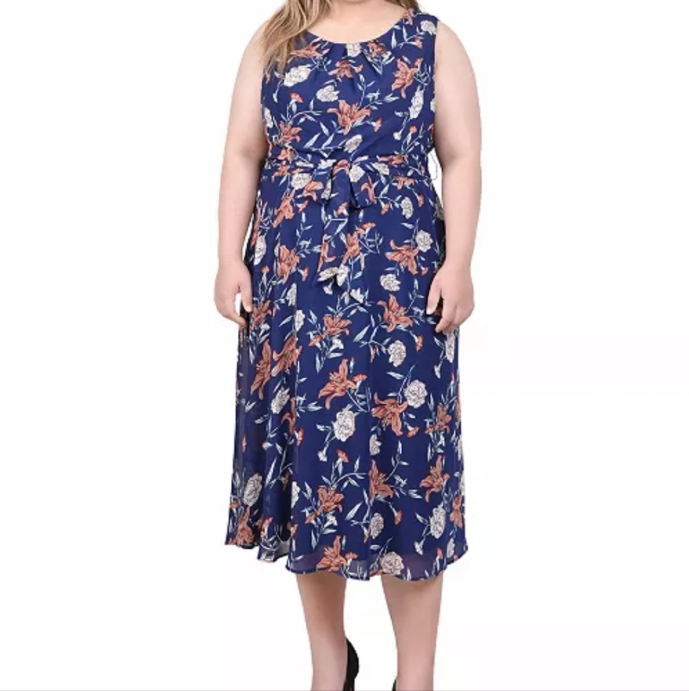 NY Collection Orange and Blue Floral A-Line Midi Dress
